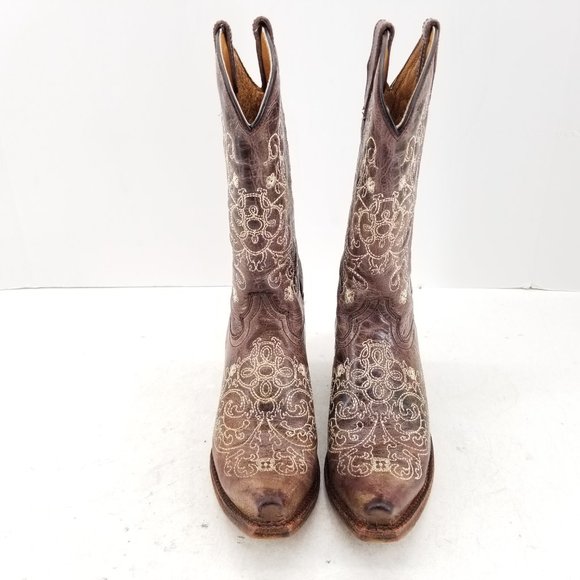Teens Corral Brown Leather Embroidered Snip Toe Western Cowgirl Boots Size 4.5 T - Picture 2 of 10